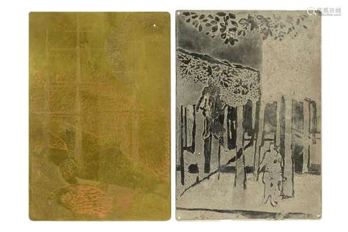 two metal etching plates, one by Audrey Rhoda