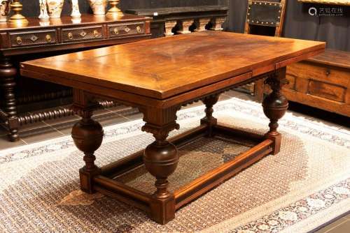set of a Renaissance revival table in oak and ebony and a se...