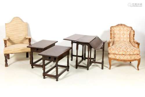 two oak armchairs, an oak Sutherland table and two small oak...