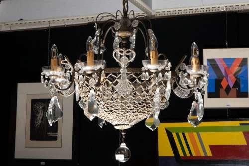 twenties' chandelier with a quite design in bronze, glass an...