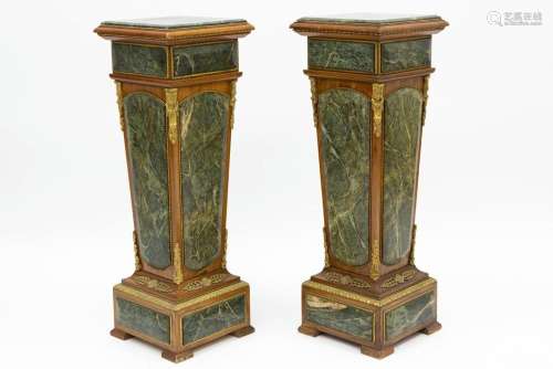pair of neoclassical pedestalles in walnut, green marble and...
