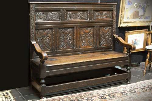 17th/18th Cent. English oak bench with sculpted pa…