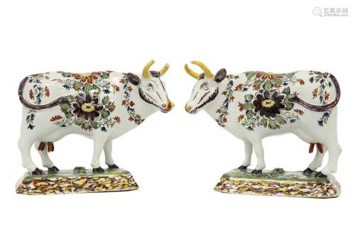 pair of 18th Cent. Delft polychrome ceramic "Cows"...