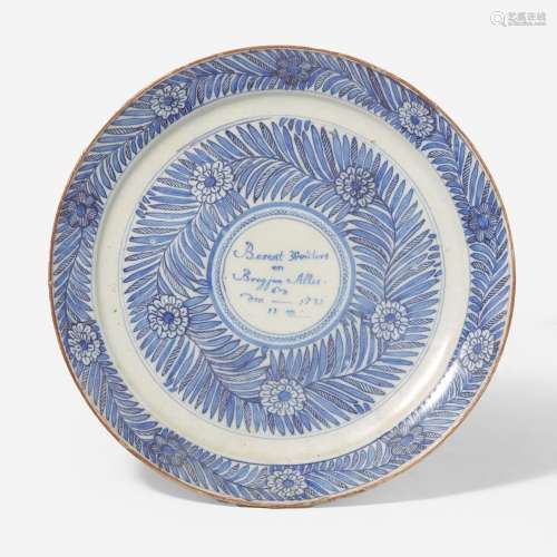 A Dutch Delft marriage plate Dated "1731"