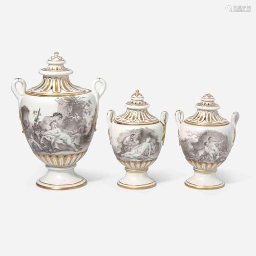 A Frankenthal garniture of three covered potpourri vases cir...