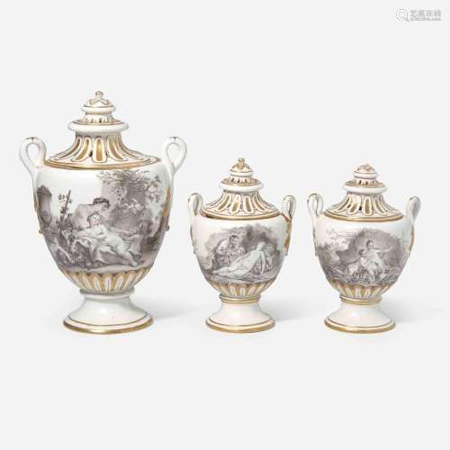 A Frankenthal garniture of three covered potpourri vases cir...