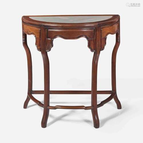 A Chinese hardwood and marble-inset demilune side table