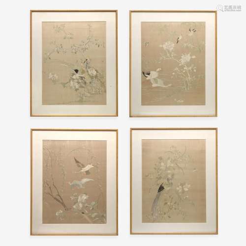 A set of four Chinese silk-embroidered panels depicting bird...