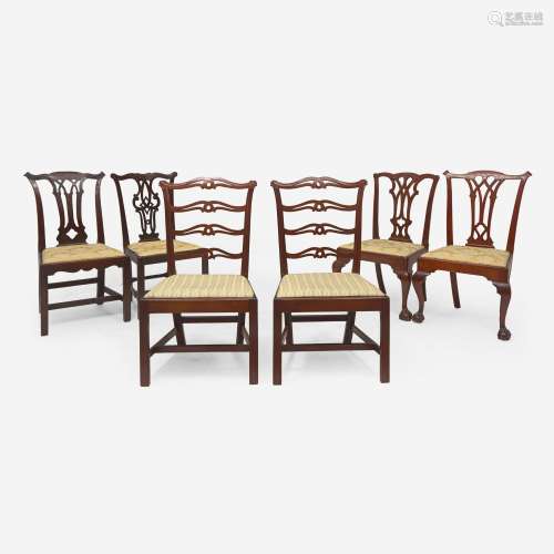 An assembled group of six Chippendale carved mahogany and wa...