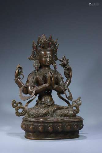 Old Tibetan Bronze "Four-Armed Guanyin" Ornament