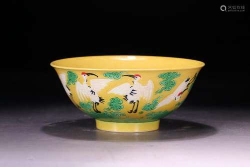 Yellow-glazed pastel cloud and crane pattern bowl