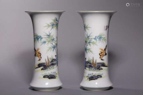 Pair of Famous Bamboo Forest Sparrows and Flower Goblets