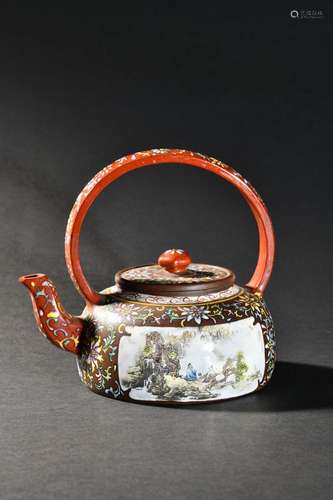 Zisha enamel colored window-opening character story teapot w...