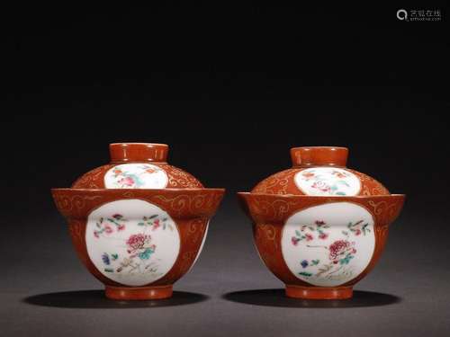 Pair of gilded pastel floral bowls