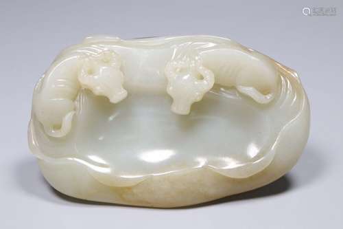 Hetian Jade Lotus Leaf Double Bull Inkstone