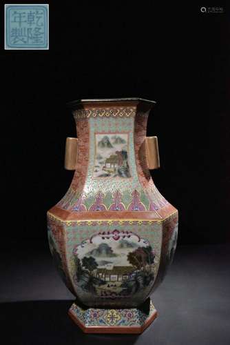 Pastel vase with windows on all sides, figures and landscape...