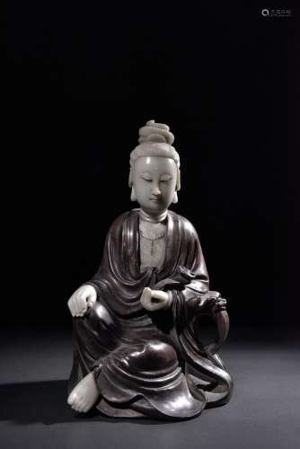 Agarwood Inlaid Jade Avalokitesvara Seated Statue Ornament