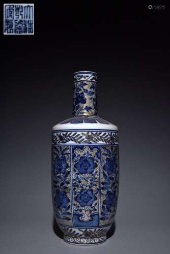 Blue and white vase with gold and flower patterns