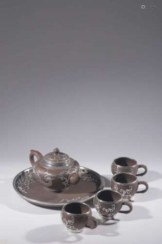 Purple sand silver inlaid teapot and teacup set of six