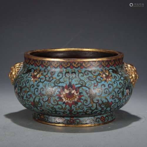 Cloisonne tangled lotus pattern lion ear furnace