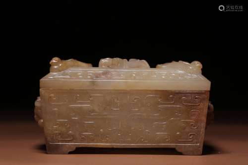 Hetian White Jade Box with Qin Taotie Pattern Cover