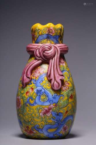 Furnace Vase with Painted Enamel Chi, Phoenix and Peony