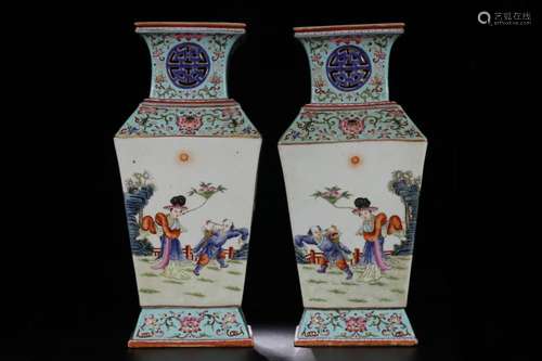 A pair of square vases with characters of the Eight Immortal...