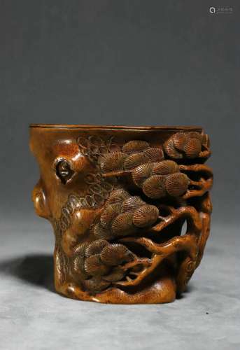 Bamboo Carved Pine and Deer Cup