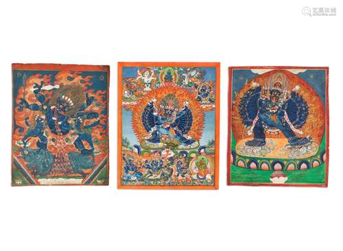 TROIS PETITES PEINTURES DE VAJRABHAIRAVA ET DE YAMA DHAMARAJ...