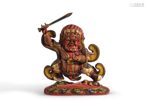 STATUETTE DE BEGTSE CHEN EN BOIS POLYCHROME BOURIATIE, FIN D...