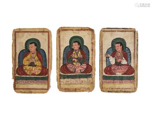 TROIS CARTES DES LIGNÉES DE LAMA TIBET, XIVE SIÈCLE