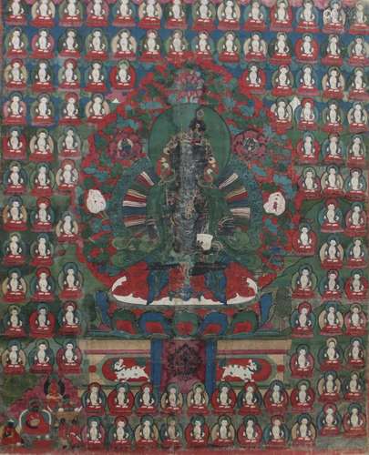 Thangka, 17./18. Jh., wohl Tibet, im zentrum Buddha auf eine...