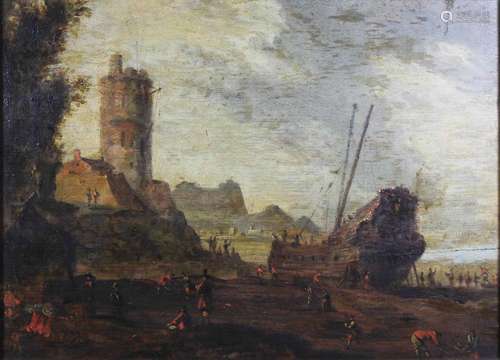 Umkreis Jan van Goyen, Schiff im Hafen, Öl auf Holz, um 1700...