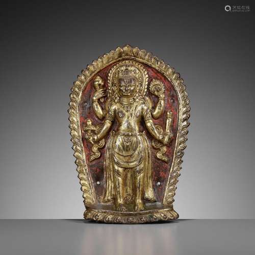 A GILT COPPER REPOUSSÉ PLAQUE OF VISHNU, 16TH-17TH CENTURY