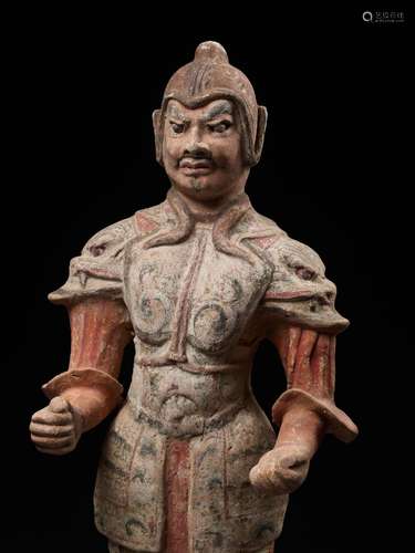 A MASSIVE PAINTED POTTERY FIGURE OF A LOKAPALA, TANG DYNASTY