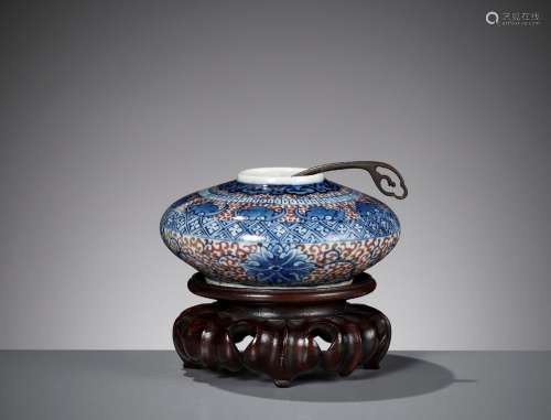 A PORCELAIN WATER POT, WITH MATCHING BRONZE SPOON AND WOOD S...