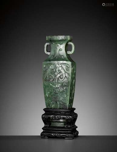 A SPINACH GREEN JADE MINIATURE ‘ARCHAISTIC’ VASE, 18TH-19TH ...