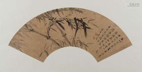 FAN SHAPE BAMBOO LEAVES PAINTING BY JISHENG CHENG HOU