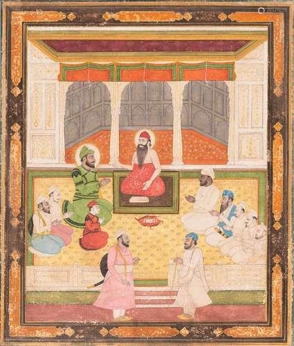 A MINIATURE PAINTING OF MUGHAL EMPEROR BABUR PAYING HOMAGE T...