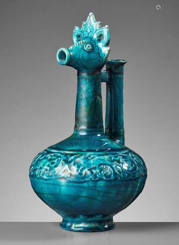 A KASHAN TURQUOISE-GLAZED ZOOMORPHIC POTTERY EWER