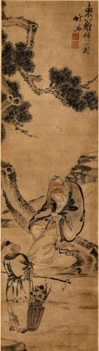 （清）竹禅（1824-1901） 东篱采菊 立轴 纸本设色