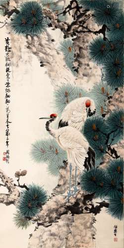 伍彝生(1929-2009) 松鹤图 镜芯 纸本设色