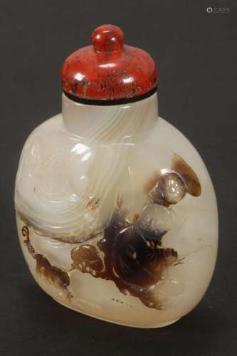 Chinese Carved Agate Snuff Bottle and Stopper,