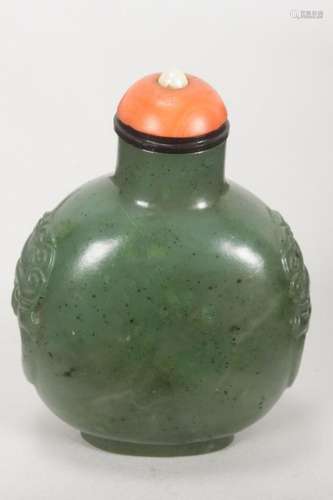 Chinese Spinach Jade Snuff Bottle and Stopper,