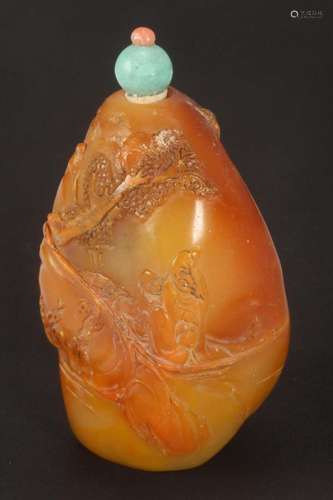 Chinese Carved Pebble Snuff Bottle and Stopper,