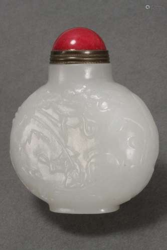 Chinese Carved White Jade Snuff Bottle and Stopper