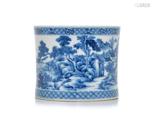 A Chinese Blue and White `Landscape` Brush Pot