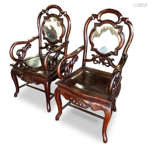 Pair of Chinese Hardwood and Dali Marble Chairs,