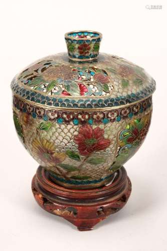 Chinese Plique De Jour Lidded Bowl on Stand,
