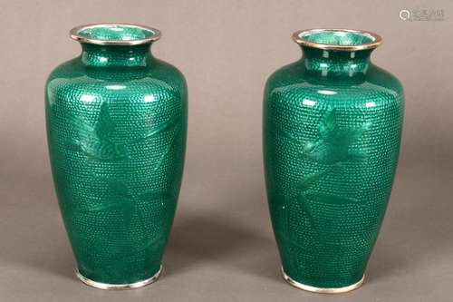 Pair of Japanese Green Ginbari Cloisonne Vases,